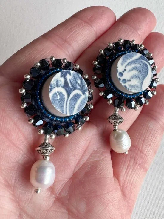 Upcycled Ceramic Pearl Dangle Earrings Blue Statement Studs - Picture 1 of 12